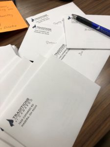 Signed letters from Traditions at Camargo - posted note and blue Traditions pen in the corners
