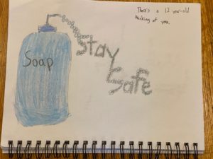 A drawing of a bottle of soap and bubbled letters spelling Stay Safe.