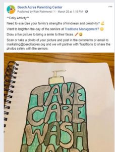 Facebook Post from Beech Acres Parenting Center - a drawing of a bottle of soap and words inside the bottle saying "Take care, wash hands"