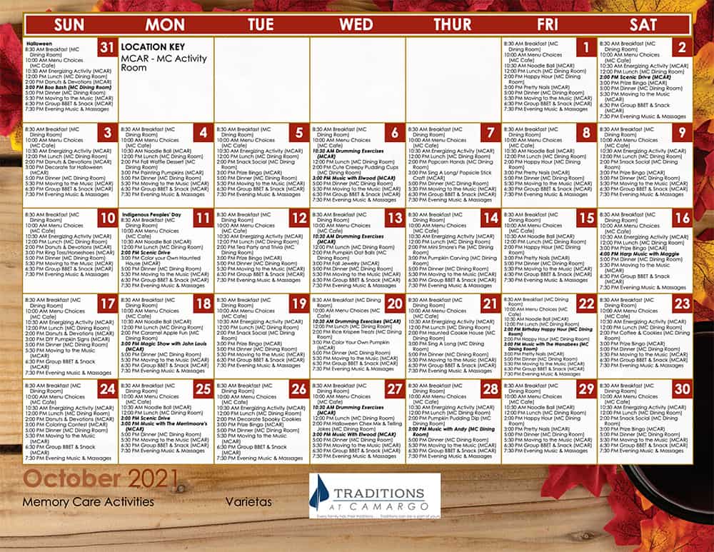 Memory Care Activity Calendar | Senior Care | Camargo Traditions